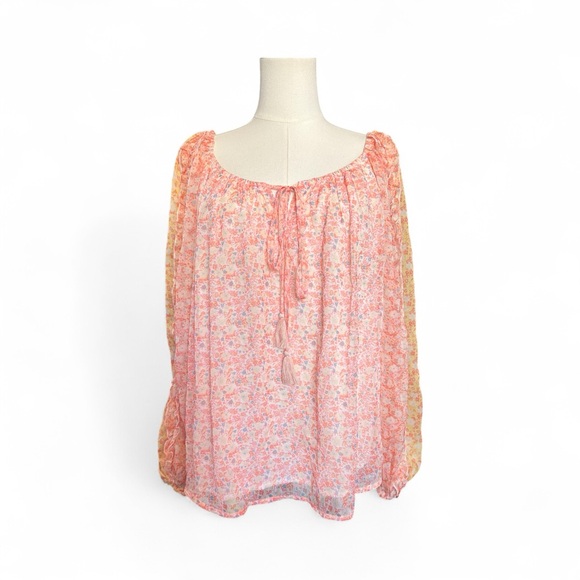 Aura Tops - 🆕 🌸💛 NWT AURA Pink & Yellow Floral Ruffle Long Sleeve Blouse | Sz L